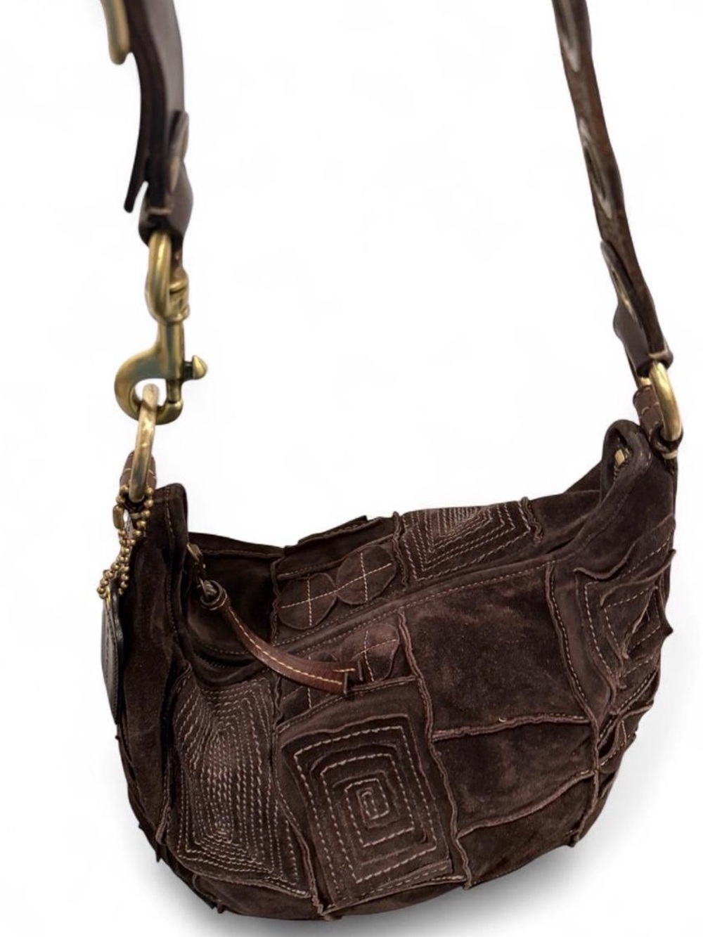 Vintage Coach Mosaic Dark Brown Suede Patchwork Shoulder Bag Geo Pattern unique - Picture 8 of 12